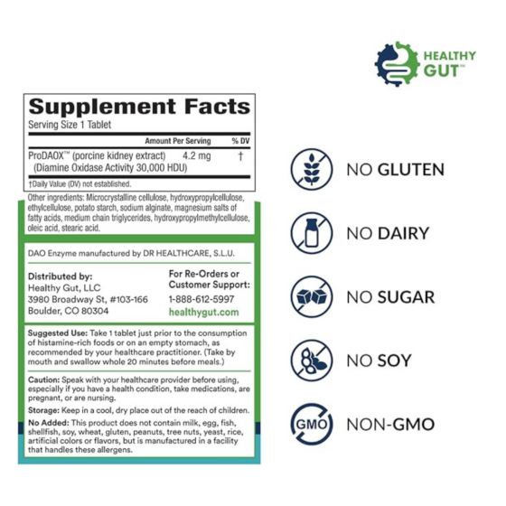 Infographic showing Supplement Facts panel and icons indicating No gluten, No dairy, No sugar, No soy, and Non-GMO