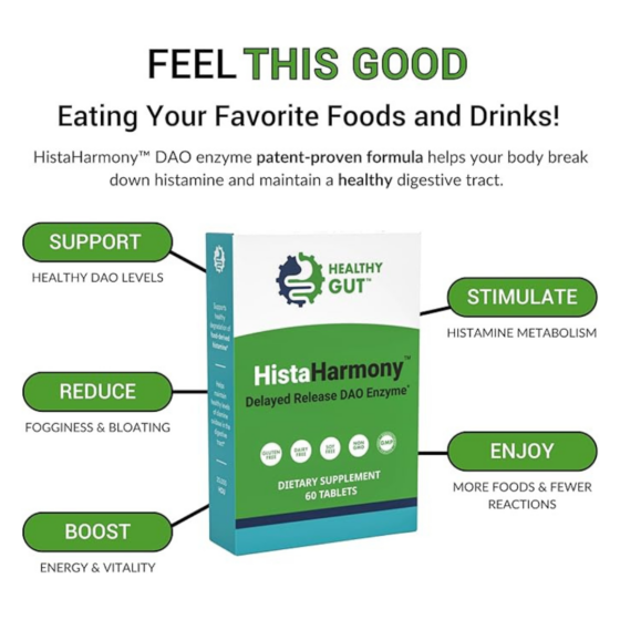 Infographic showing HistaHarmony box with headline FEEL THIS GOOD and benefits for DAO, histamine, bloating, and energy