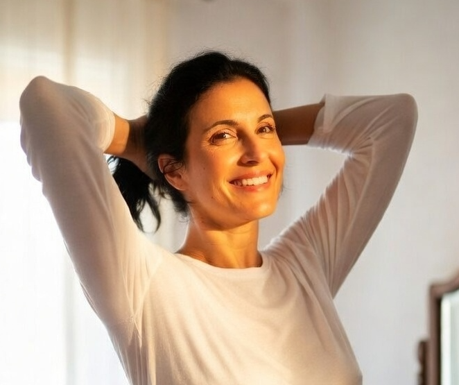 Woman smiling and stretching in soft morning light, headline 'Waking up Refreshed'