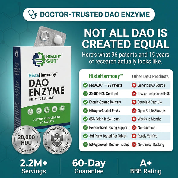 Comparison chart showing HistaHarmony DAO Enzyme advantages over other DAO products; headline 'Not all DAO is created equal'