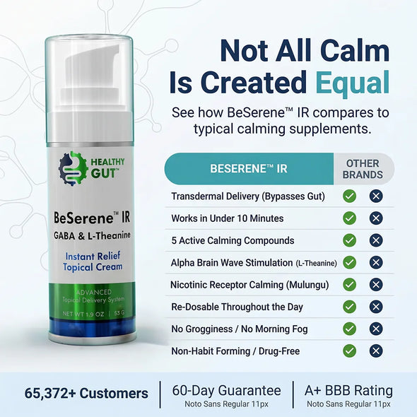 Comparison chart showing BeSerene IR vs other brands: transdermal delivery, under-10-minute relief, five active calming compounds, and no grogginess