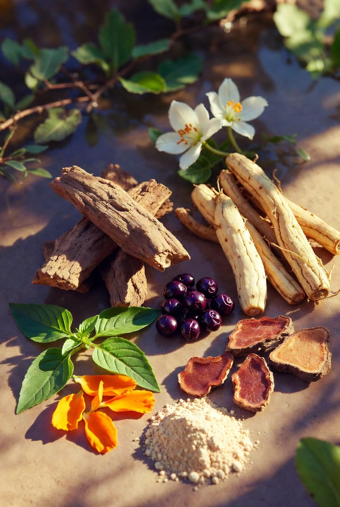 Adaptogenic herbs and roots arranged on a tabletop as ingredient display for BeSerene Daily supplement