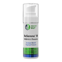 BeSerene IR bottle labeled HEALTHY GUT — GABA & L-Theanine; Instant Relief Topical Cream.