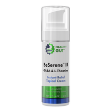 BeSerene IR bottle labeled HEALTHY GUT — GABA & L-Theanine; Instant Relief Topical Cream.