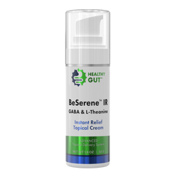 BeSerene IR bottle labeled HEALTHY GUT — GABA & L-Theanine; Instant Relief Topical Cream.