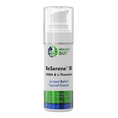 BeSerene IR bottle labeled HEALTHY GUT — GABA & L-Theanine; Instant Relief Topical Cream.