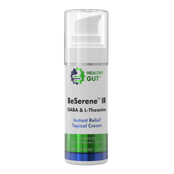 BeSerene IR bottle labeled HEALTHY GUT — GABA & L-Theanine; Instant Relief Topical Cream.