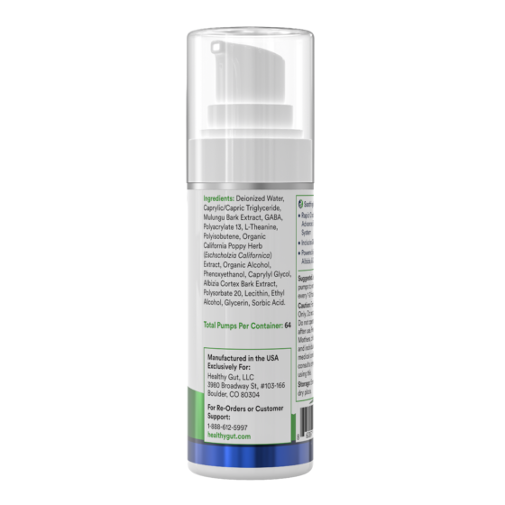 BeSerene pump bottle back label showing Ingredients list, 'Total Pumps Per Container: 64', and 'Manufactured in the USA'.