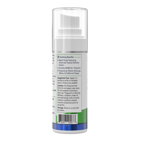 Rear view of BeSerene Instant Relief pump bottle showcasing directions and ingredient highlights with barcode on white background