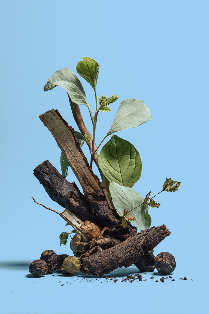 Arrangement of driftwood, green leaves, and dried seed pods on a light blue background
