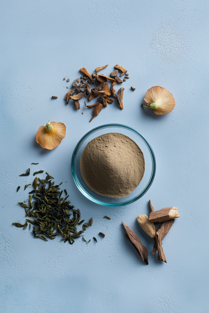 Top-down view of BeSerene Instant Relief powder in a glass bowl showcasing mulungu bark, California poppy petals, tea leaves and dried mushroom pieces on a light blue background