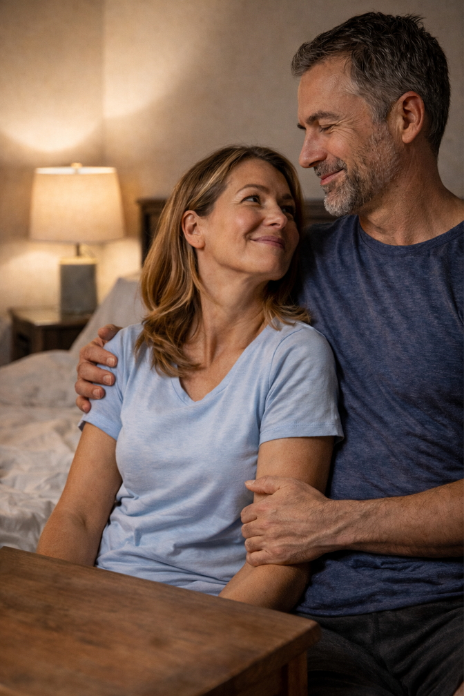 Middle-aged couple sitting on bed, man embracing a smiling woman beside a lit bedside lamp, relaxed evening mood