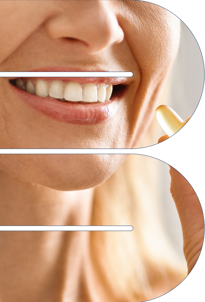 Smiling person holding a golden softgel capsule near their mouth, demonstrating taking HCL Guard supplement
