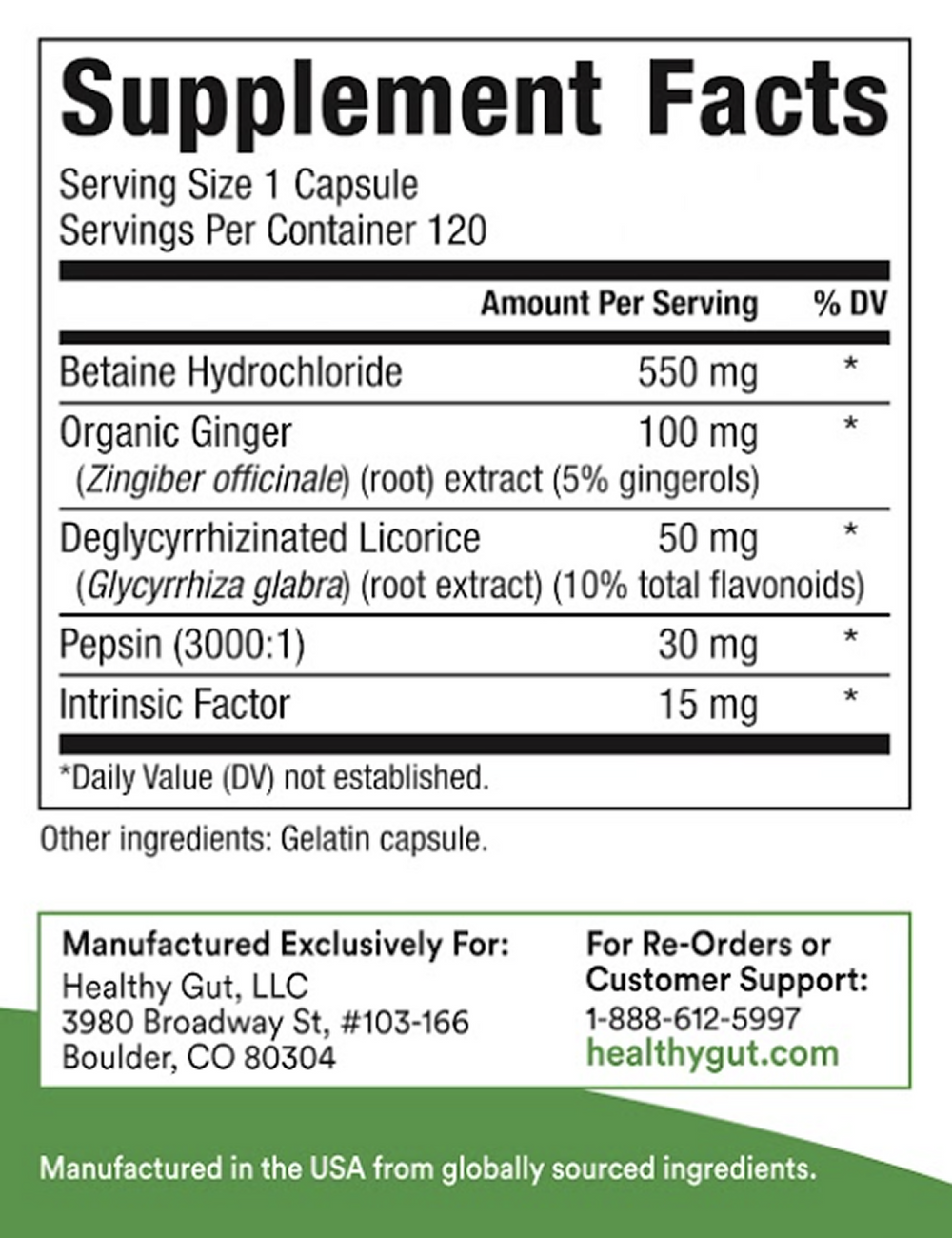 Supplement Facts label listing ingredients (Betaine Hydrochloride; Organic Ginger; Pepsin) and manufacturer Healthy Gut.