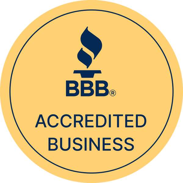 White BBB torch logo and text on green circular seal reading 'BBB ® ACCREDITED BUSINESS'.