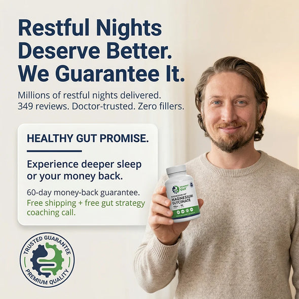 Promotional banner showing Magnesium-HP bottle and headline Restful Nights Deserve Better. We Guarantee It with 60-day refund
