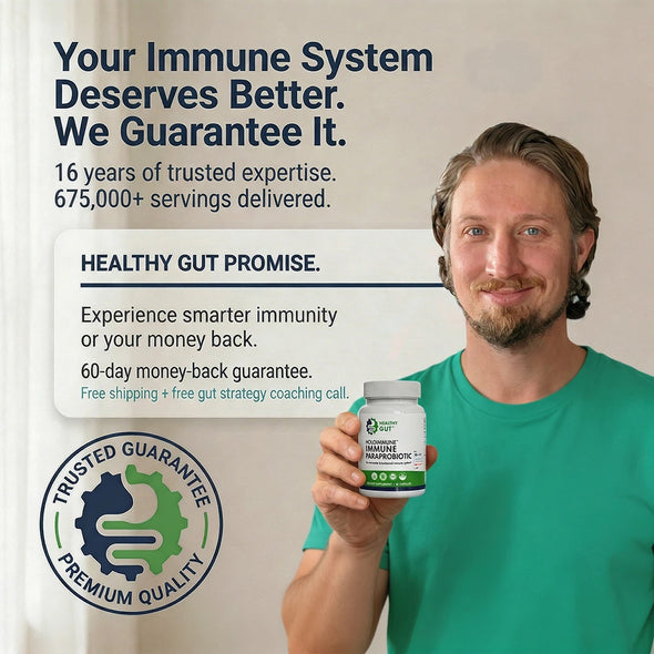 Promotional banner with headline 'Your Immune System Deserves Better. We Guarantee It.' and man holding HoloImmune bottle