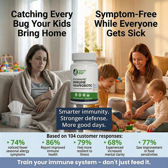 Promotional infographic showing HoloImmune bottle, sick vs healthy family images, headline 'Smarter immunity' and customer survey results