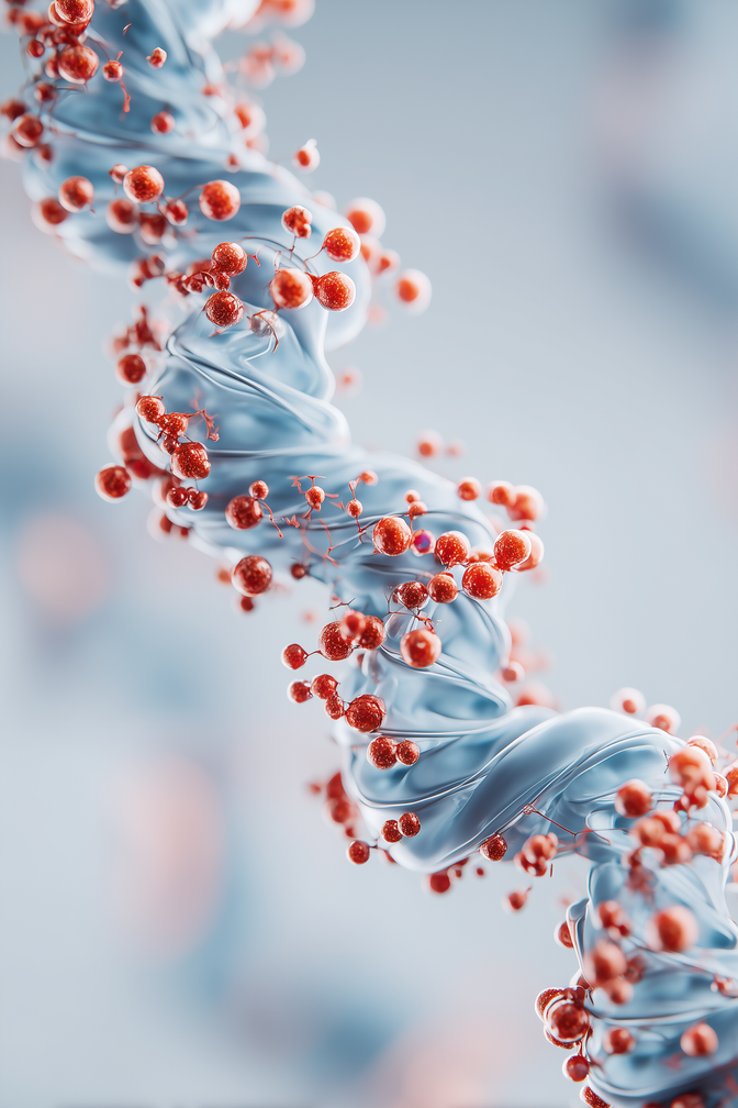 Twisting pale-blue double helix ribbon with clustered red-orange spherical particles attached along its length