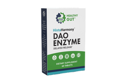 Three-quarter view of HistaHarmony DAO Enzyme supplement box showing green-and-blue packaging and Healthy Gut logo on white background