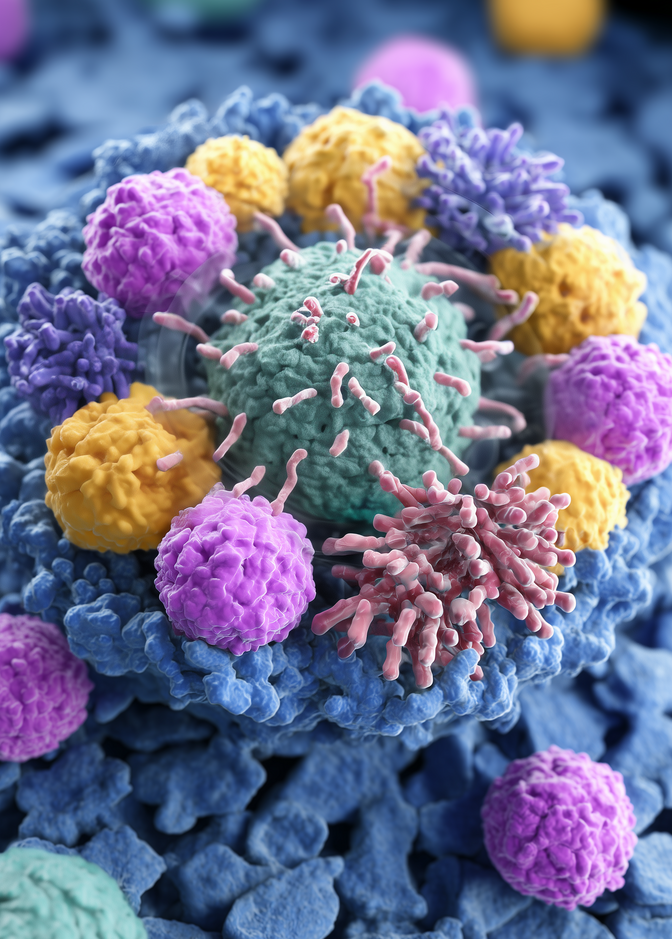 Immune cells interacting with a dendritic-like cell, microscopic illustration representing HoloImmune immune support