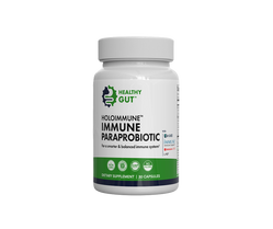 Front view of HoloImmune bottle showing 'HOLOIMMUNE Immune Paraprobiotic' label, Healthy Gut logo, and green supplement band on white background