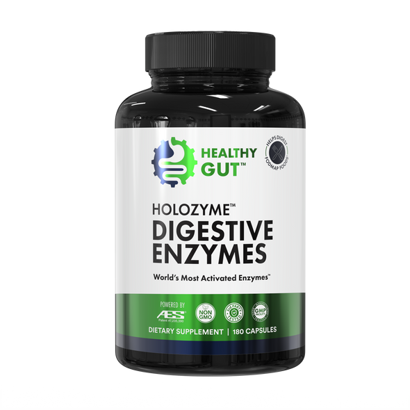 Front view of HoloZyme bottle showing Healthy Gut logo and label HoloZyme Digestive Enzymes 180 capsules on white background