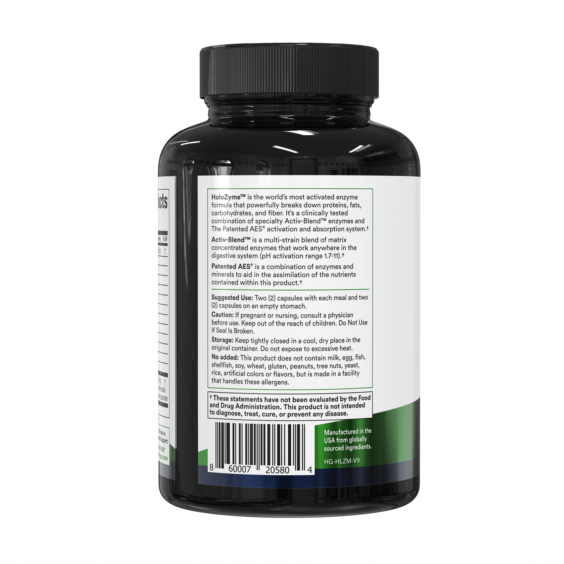 Rear view of HoloZyme bottle showing back label text, suggested use, and barcode on white background