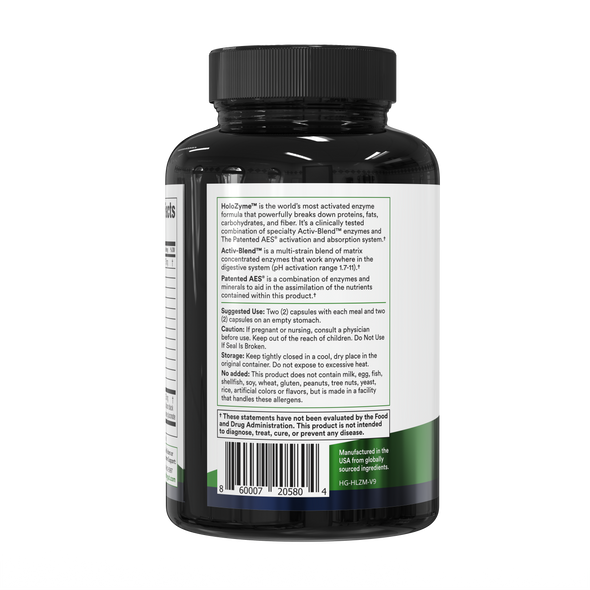 Rear view of HoloZyme bottle showing back label text, suggested use, and barcode on white background