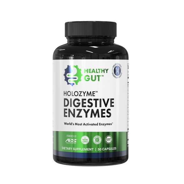 Front view of Healthy Gut HoloZyme digestive enzymes bottle showing label "Digestive Enzymes" and "90 capsules" on white background