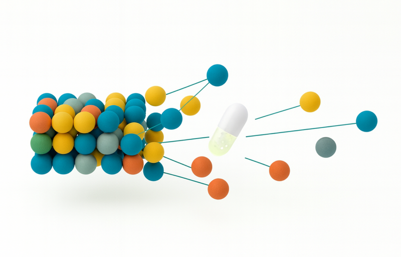 3D illustration of a capsule releasing colored spheres connected by lines, showing clustered molecules dispersing from a pill