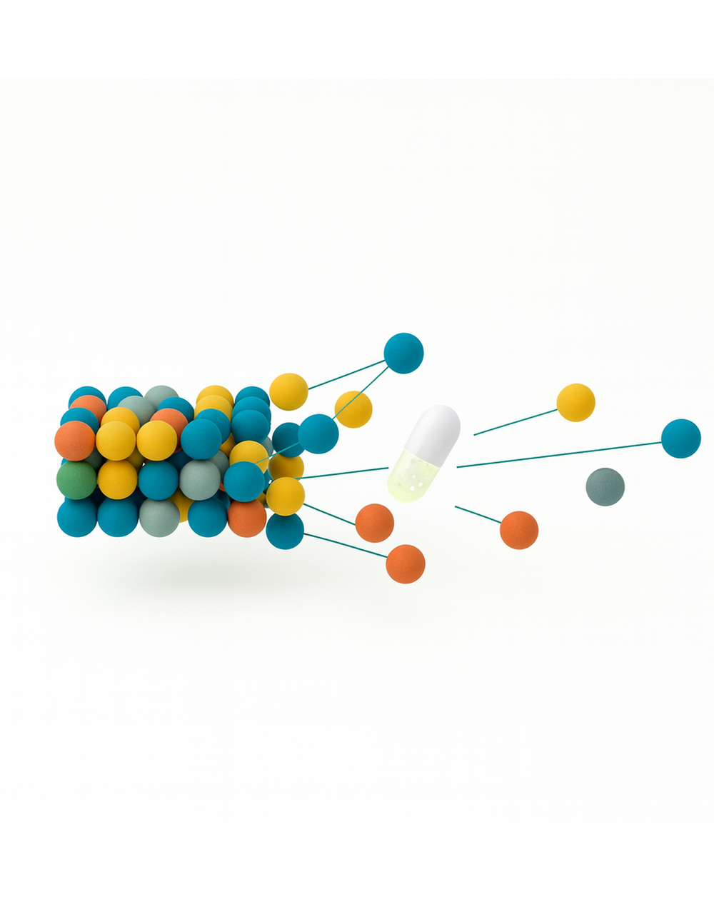 Cluster of colored spheres connected by teal lines to scattered spheres, with a translucent white-and-green capsule releasing tiny pellets.