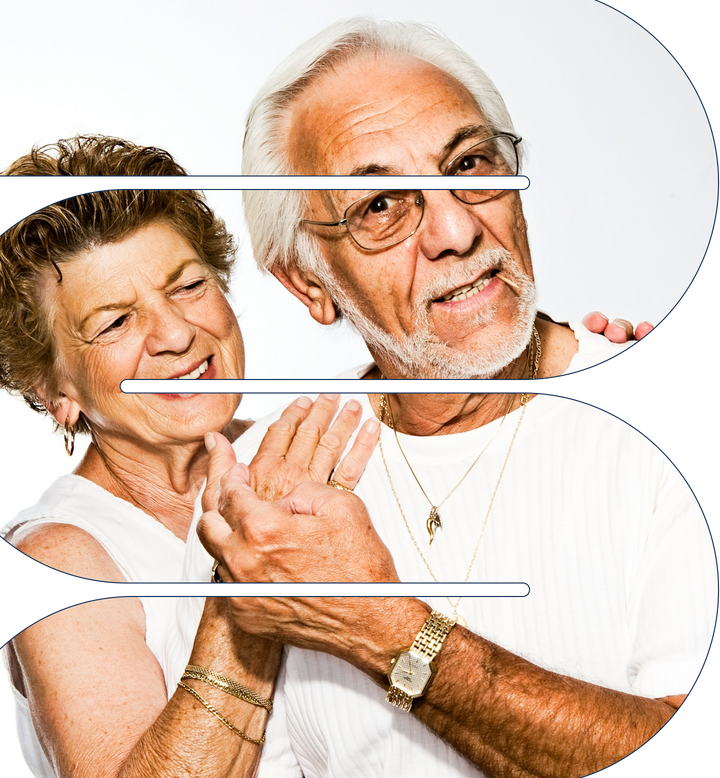 Older couple smiling and embracing, hero image for HoloZyme, white background with rounded blue decorative overlays