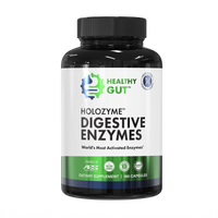 Front of HoloZyme digestive enzymes bottle showing Digestive Enzymes label and Healthy Gut logo on white background
