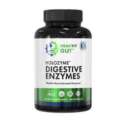 Front of HoloZyme digestive enzymes bottle showing Digestive Enzymes label and Healthy Gut logo on white background