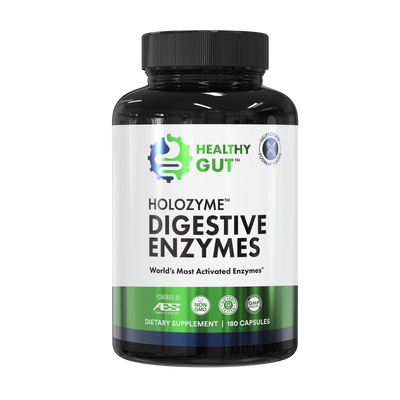 Front of HoloZyme digestive enzymes bottle showing Digestive Enzymes label and Healthy Gut logo on white background