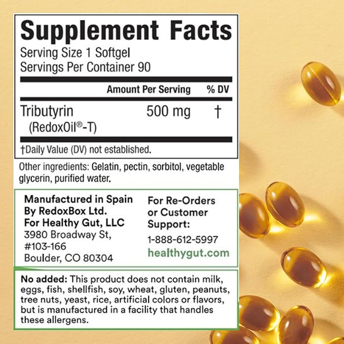 Supplement Facts — Serving Size 1 Softgel; Servings Per Container 90; Tributyrin (RedoxOIL-T) 500 mg; ingredients listed.