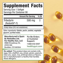 Supplement Facts — Serving Size 1 Softgel; Servings Per Container 90; Tributyrin (RedoxOIL-T) 500 mg; ingredients listed.