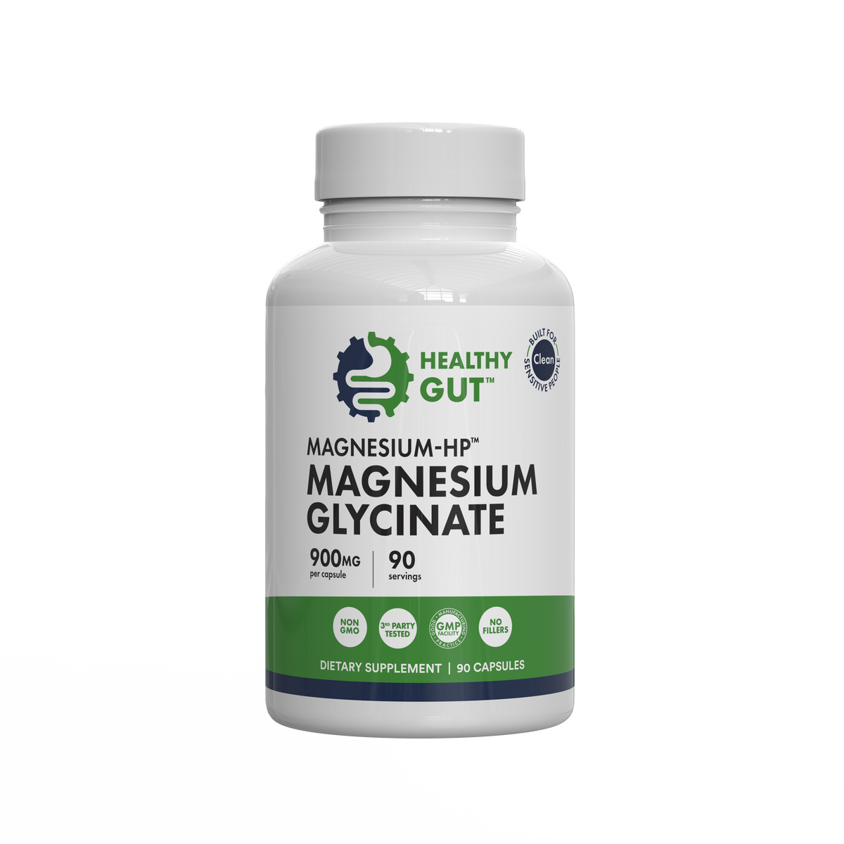 Front view of Healthy Gut Magnesium-HP magnesium glycinate bottle showing the label 900 mg, 90 servings on white background
