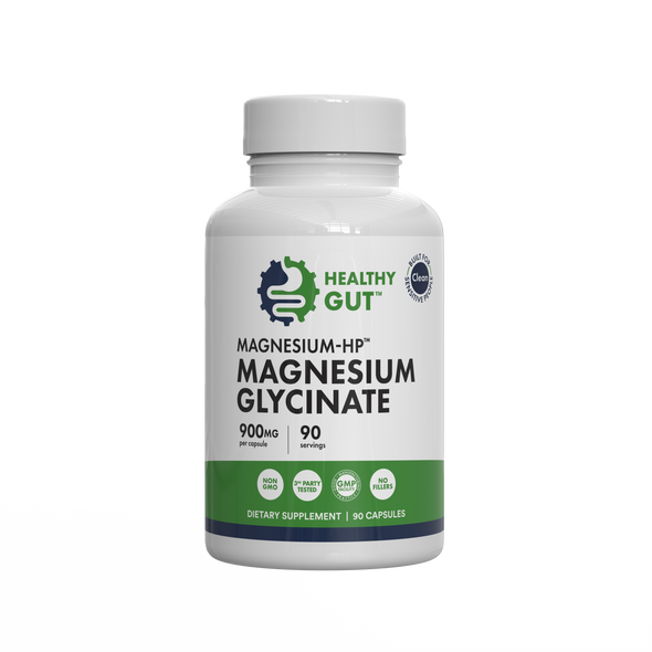 Front view of Healthy Gut Magnesium-HP magnesium glycinate bottle showing the label 900 mg, 90 servings on white background