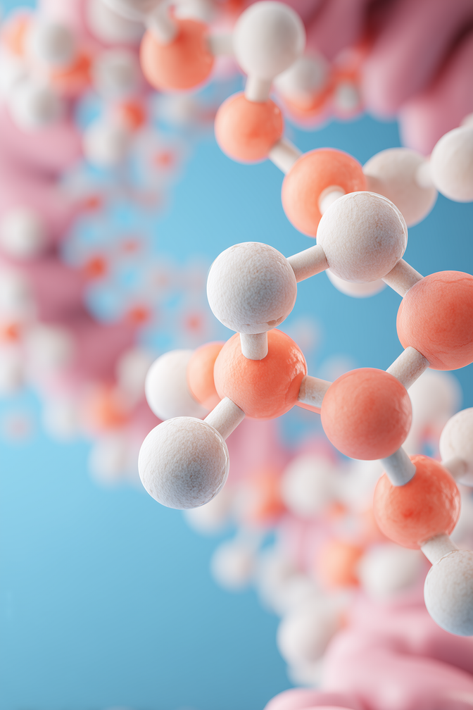 Close-up of Magnesium-HP molecular model showcasing connected orange and white atom spheres with a soft blue background