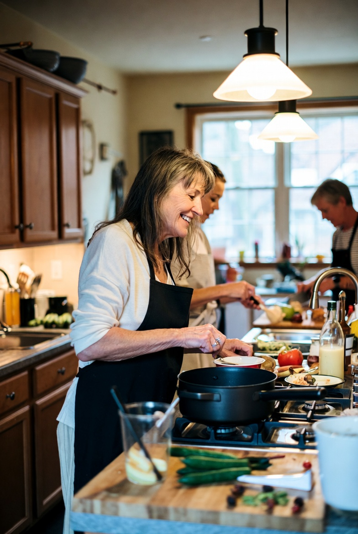Middle-aged woman stirring a pot at a kitchen island while two people prepare vegetables in a bright home kitchen