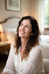 Middle-aged woman smiling and looking upward while relaxing on a bed in a sunlit bedroom