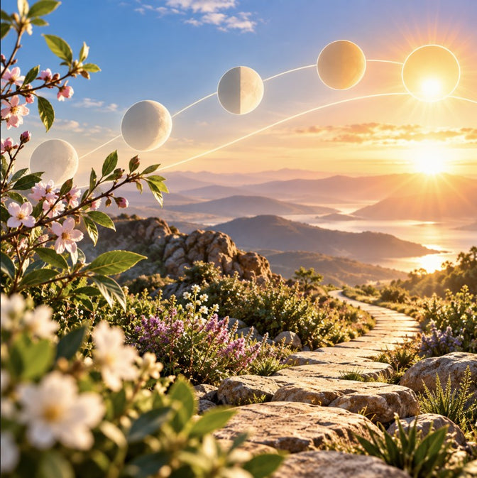 Stone path through a flowering mountain landscape at sunrise with moon phases overhead