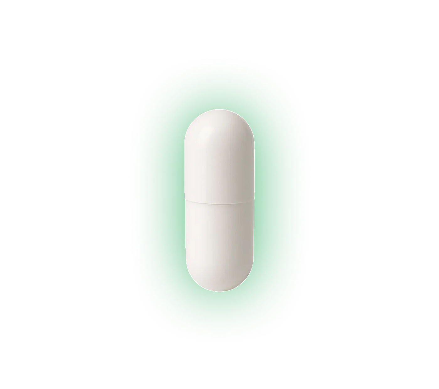 White capsule-shaped pill centered on a glowing green rounded rectangle against a black background.