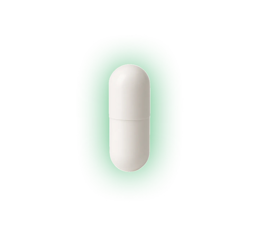 White capsule-shaped pill centered on a glowing green rounded rectangle against a black background.