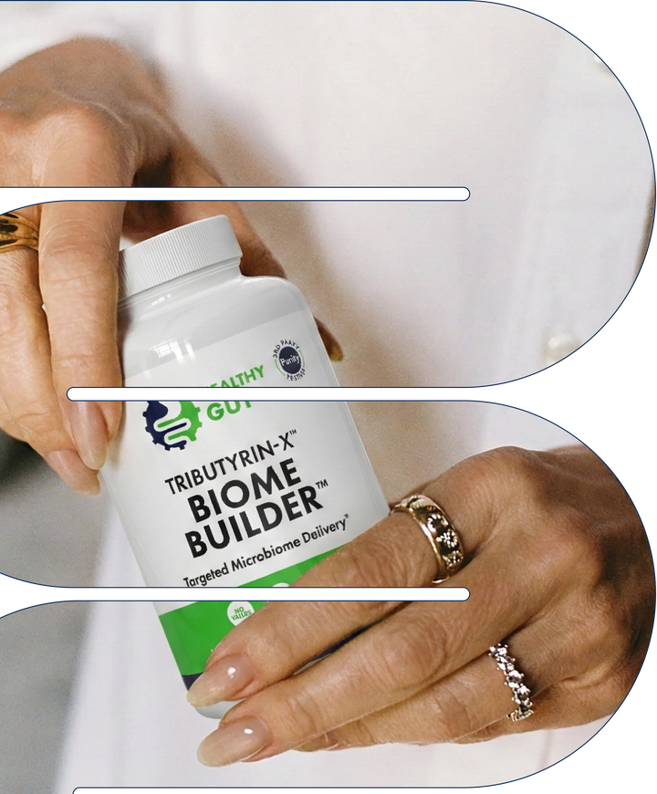 Close-up of Tributyrin-X bottle held in hands showing Home Biome Builder label against a white background