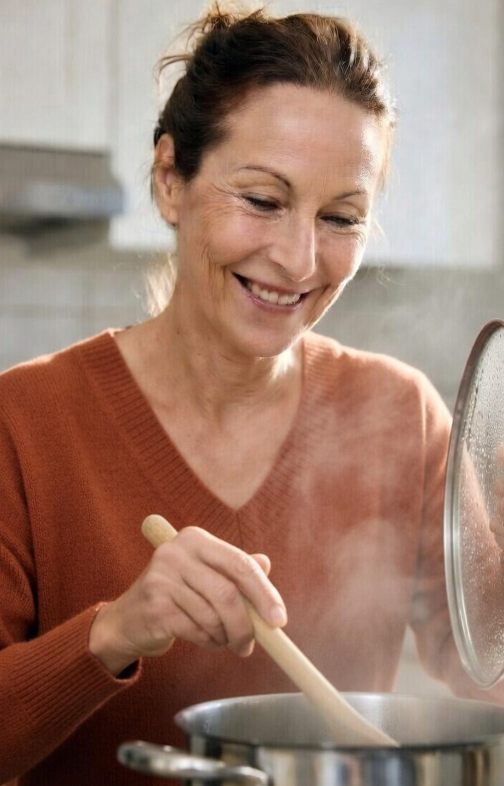 Smiling woman stirring a steaming pot in a bright kitchen